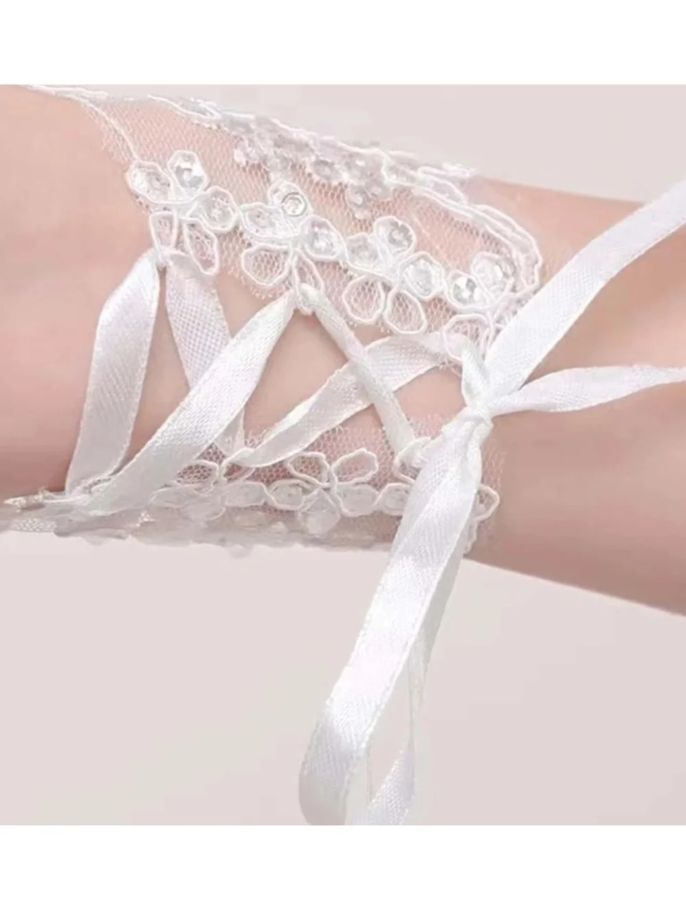 Lace Fingerless Gloves with Sequin Embellishments - White